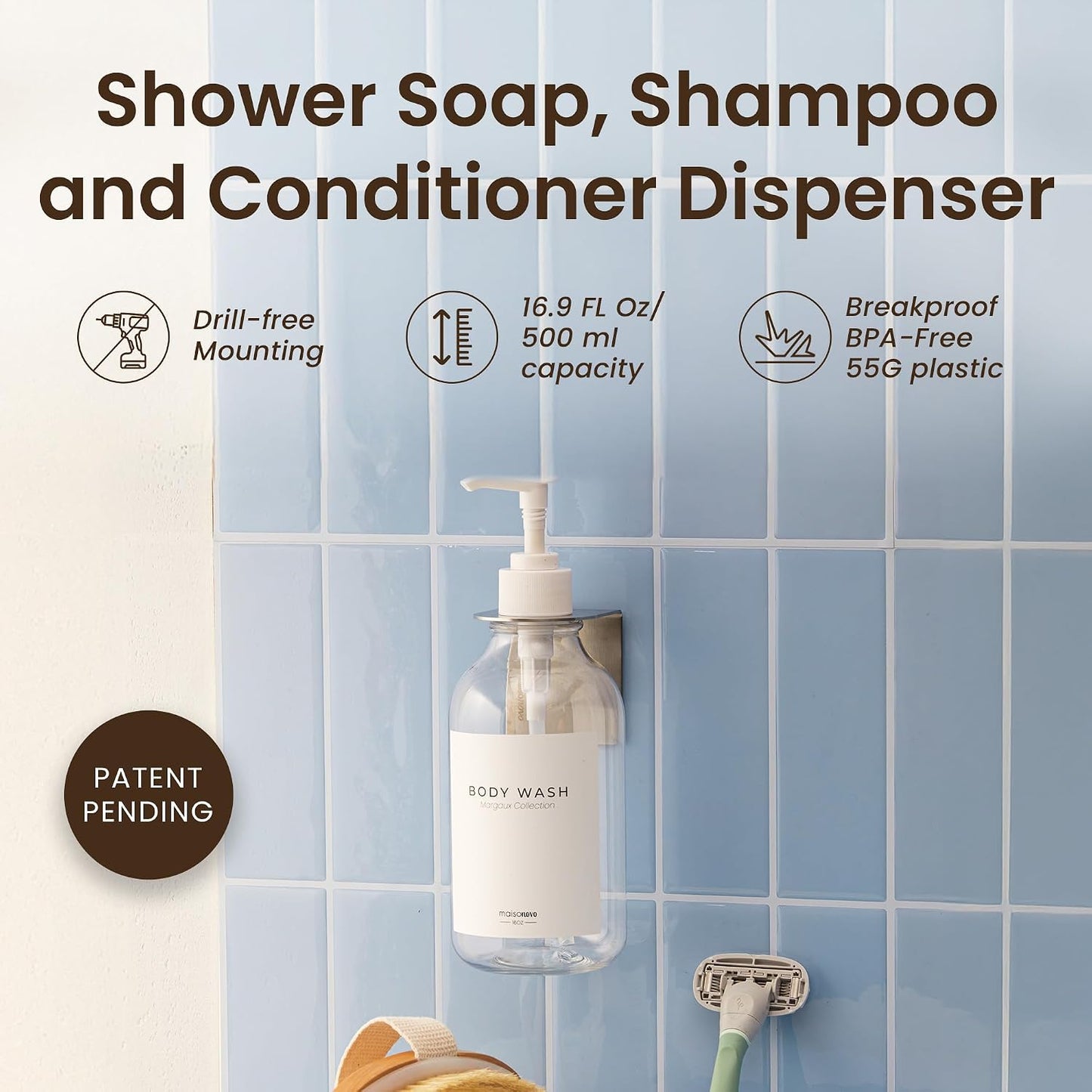 MaisoNovo Shampoo and Conditioner Dispenser|Refillable Black Set of 3 | 500 ml Shower Gel Dispenser Set of 3. Refillable Shampoo and Conditioner Bottles. Drill Free Secure Design. Black