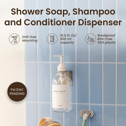 MaisoNovo Shampoo and Conditioner Dispenser|Refillable Black Set of 3 | 500 ml Shower Gel Dispenser Set of 3. Refillable Shampoo and Conditioner Bottles. Drill Free Secure Design. Black