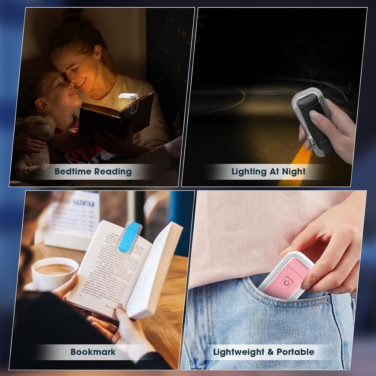 VZZNN 12 Pack Reading Light,Rechargeable Book Light for Reading in Bed,Clip-On Book Lights with 3 Color Temperature,Bulk Gifts for Book Lovers Kids Adults（Blue）