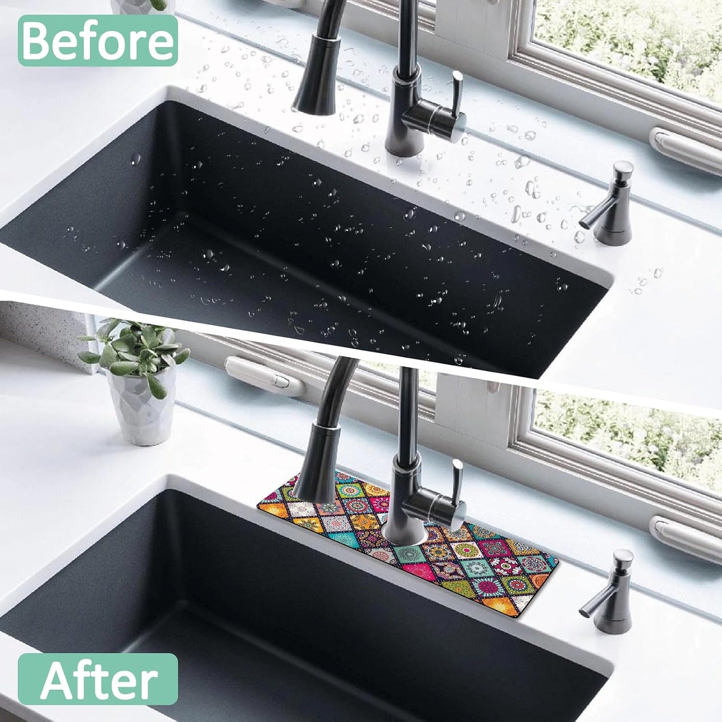 Kitchen Sink Splash Guard Faucet Mat 24" X 5.5" Tropical Leavesl Absorbent Fast Drying Mat Faucet Draining Mat Sink Splash Guard Behind Faucet Drip Catcher for Kitchen Bathroom