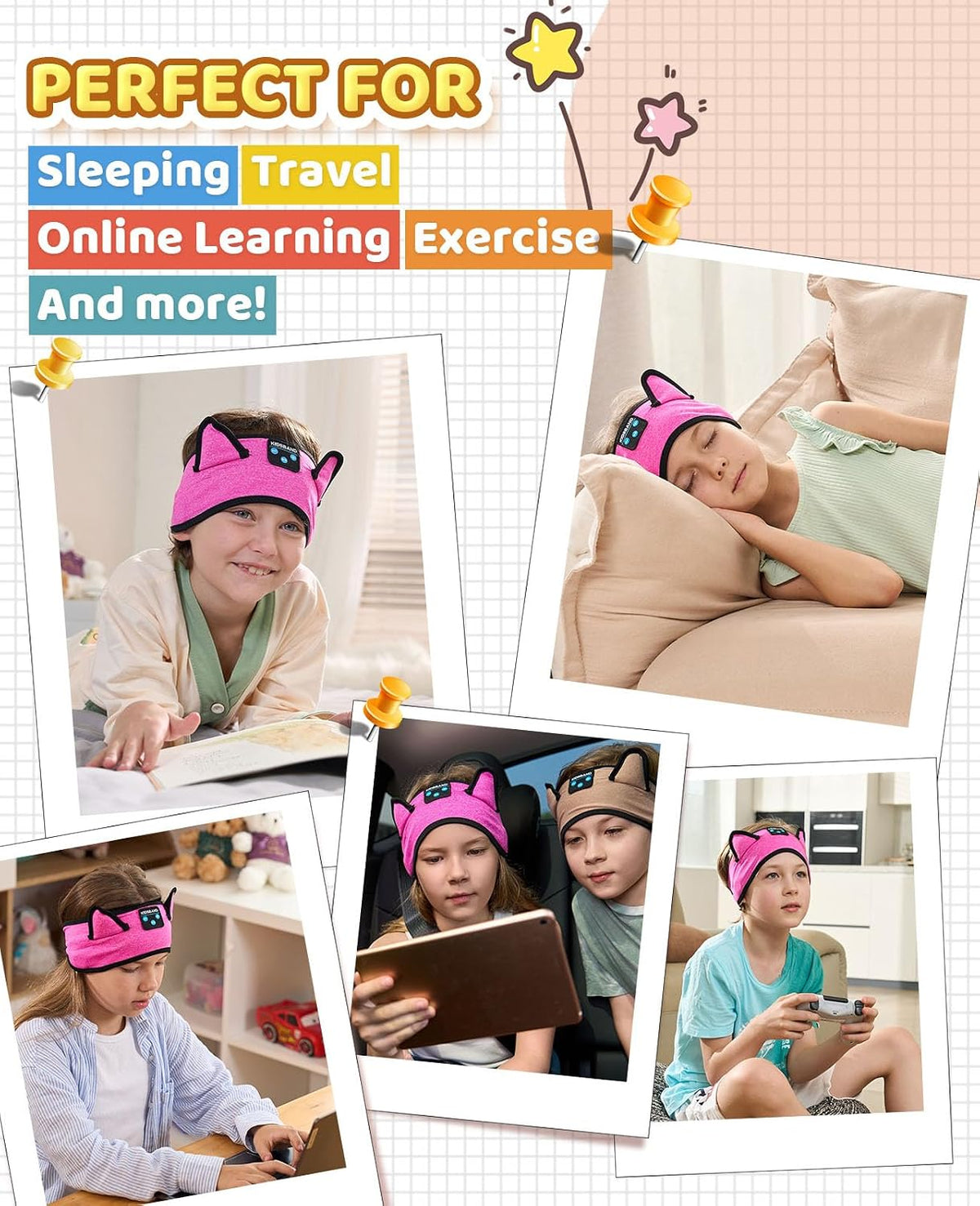 KIDSBAND Kids Bluetooth Headphones, Sleep Headband [Wireless & Wired Playback 2in1] Foldable Headphones for School/Travel/Tablet/Sleep