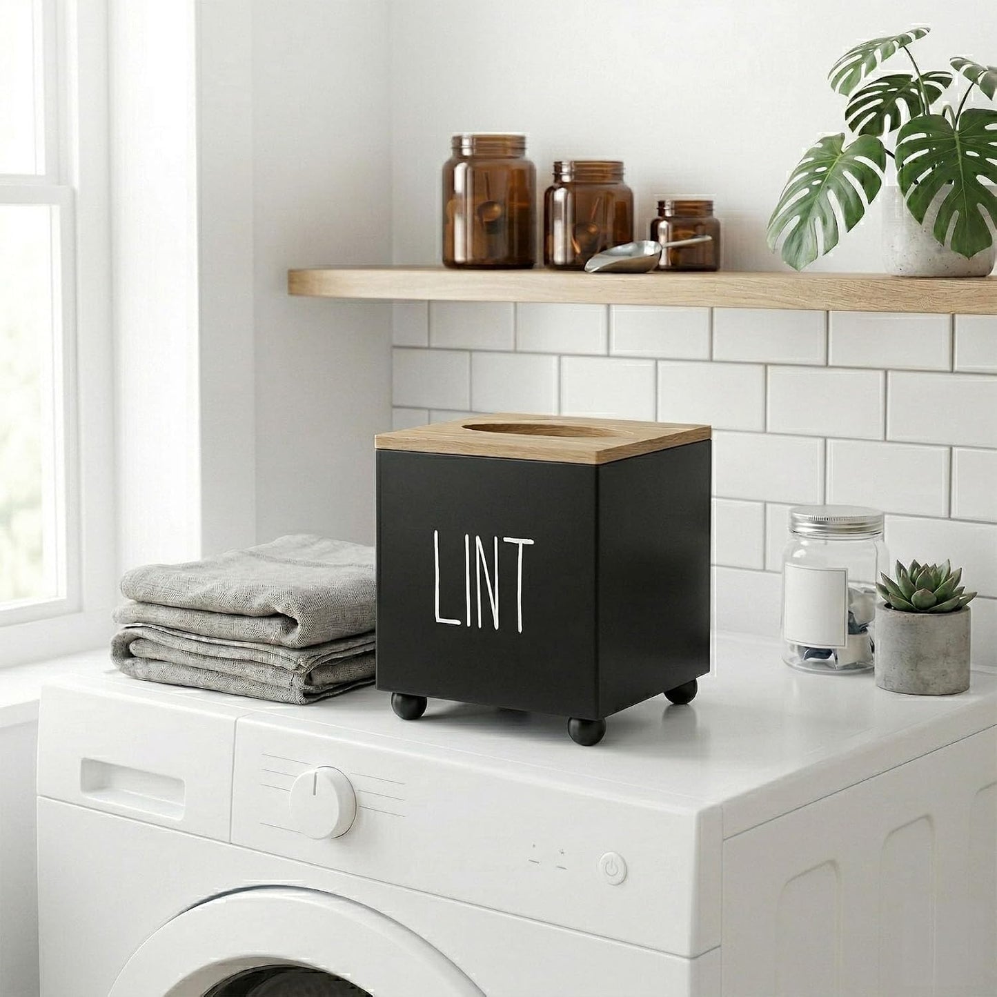 Lint Bin for Laundry Room, Farmhouse Lint Box, Wooden Lint Holder with Lid, Lint Container for Laundry Room Decor, Dryer Lint Trash Can for Laundry Accessory Organization