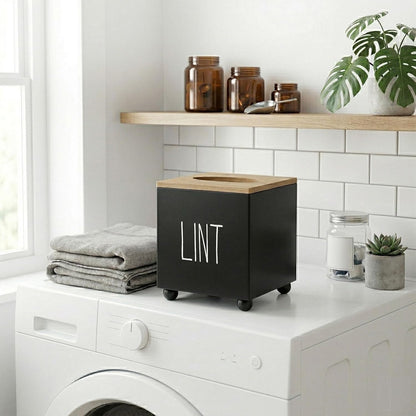 Lint Bin for Laundry Room, Farmhouse Lint Box, Wooden Lint Holder with Lid, Lint Container for Laundry Room Decor, Dryer Lint Trash Can for Laundry Accessory Organization