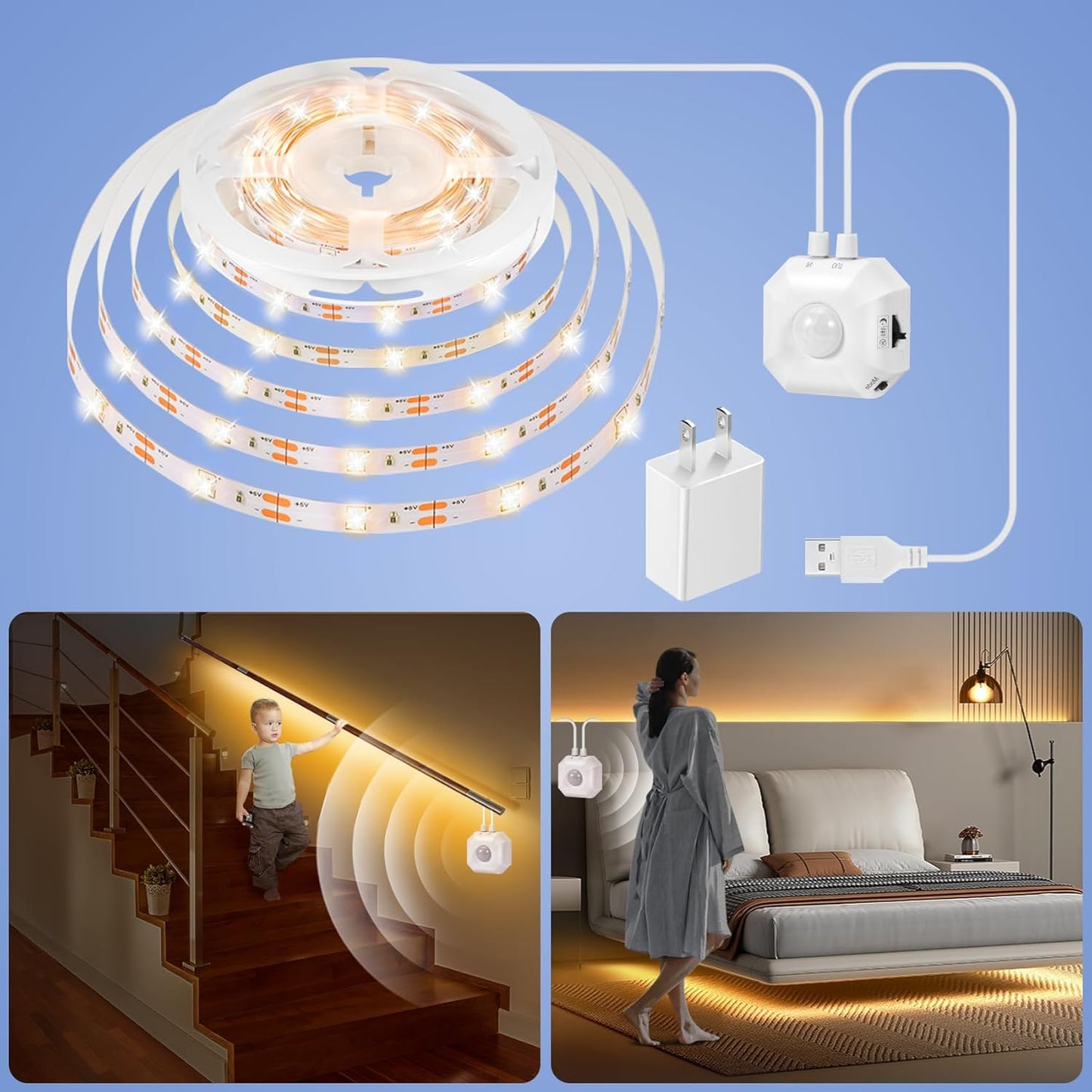 Dual Motion Sensor Light Strip Indoor Under Bed Lights Warm White 16.4Ft | Motion Activated LED Strip Lights, Auto On/Off, Two-End Motion Sensors Night Lighting 12V For Bedside Stair Cabinet Hallway