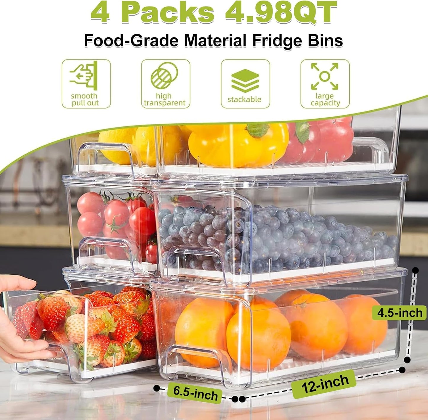 4-Pack Refrigerator Drawer Organizer Bins, Clear Stackable Pull Out Fridge Organizers and Storage Container, with Strainer Layer for Fruits, Vegetables, Drinks, Snack and Food