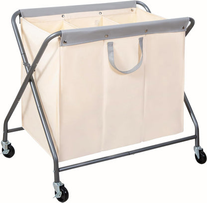STORAGE MANIAC 160L Collapsible Laundry Hamper with Wheels, Rolling Laundry Basket, Heavy Duty Cloth Sorter with Removable Bag, Folding X Frame Clothes Organizer Cart for Easy to Store, 3 Section