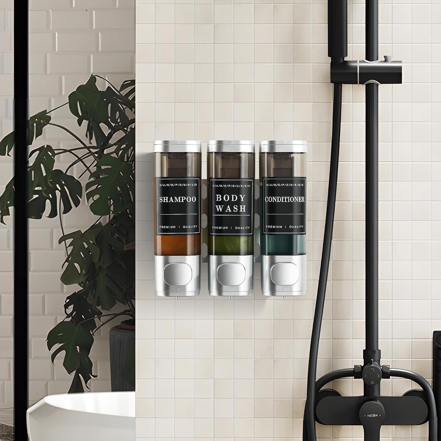 Shampoo and Conditioner Dispenser,Shower Soap Dispenser 3 Chamber No Drill Wall-Mounted Shampoo Dispenser for Shower Wall Mounted Shower Dispenser for Bathroom Hotel Large Capacity, Clear Bright