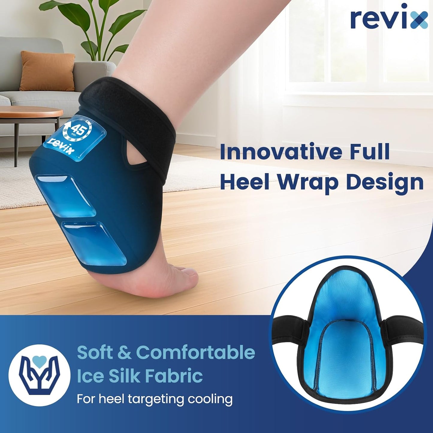 REVIX 2-Pack 45-Min Heel Ice Pack Wrap for Tendonitis & Plantar Fasciitis | Lightweight Wrap with Adjustable Strap for Men & Women, Cooling Comfort for Heel Bursitis, Swelling & Soreness, Reusable Gel