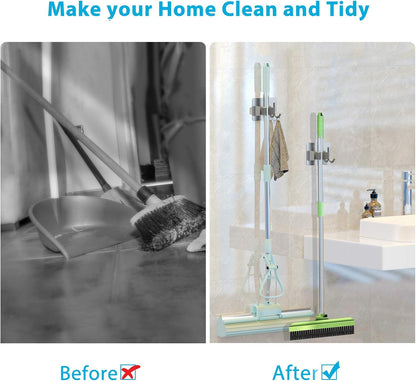 homeasy Broom Holder Wall Mount 4Pcs, Self Adhesive Mop Broom Hanger Black | Self adhesive stainless steel broom organizer with 4 hooks, holds mops, brooms and garden tools without drilling