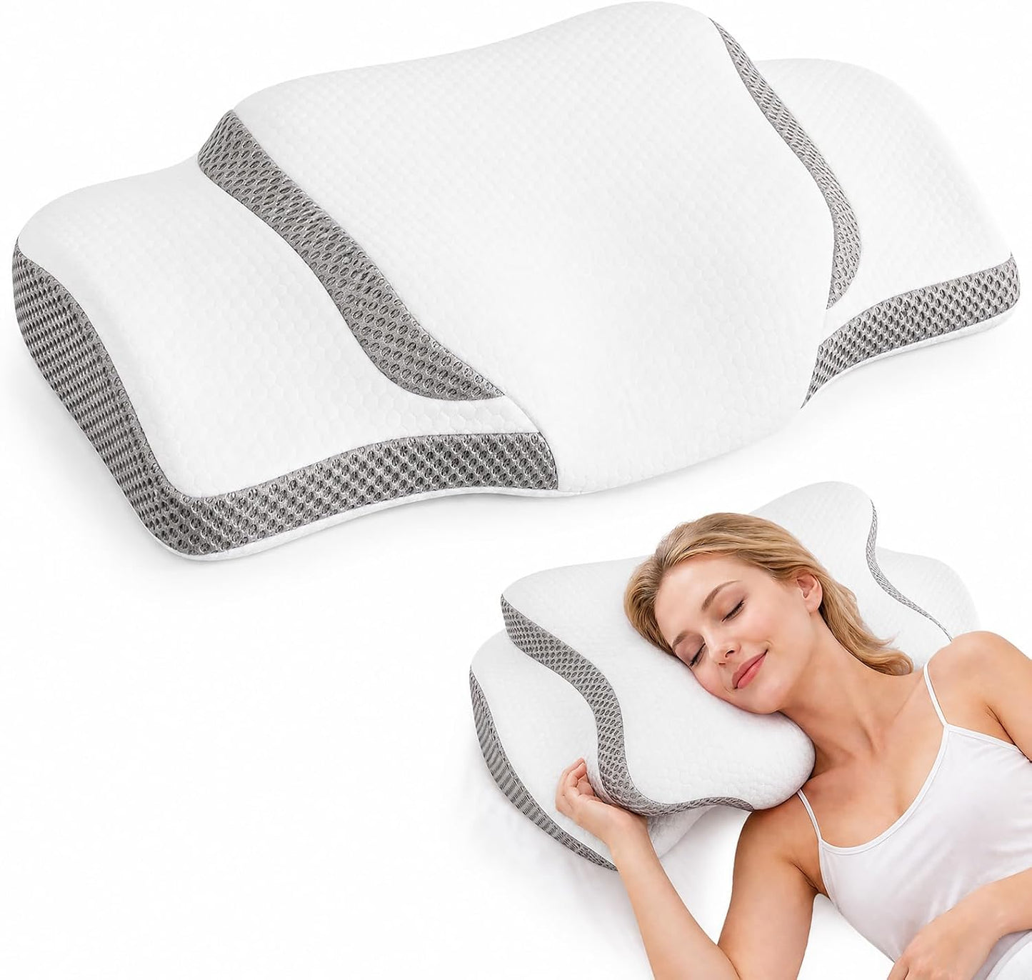 NEWBULIG Cervical Neck Pillow, Ergonomic Contour Memory Foam and Detachable Roll Pillow for Neck Pain Relief Side Back Stomach Sleepers with Cooling Breathable Cover