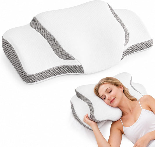 NEWBULIG Cervical Neck Pillow, Ergonomic Contour Memory Foam and Detachable Roll Pillow for Neck Pain Relief Side Back Stomach Sleepers with Cooling Breathable Cover