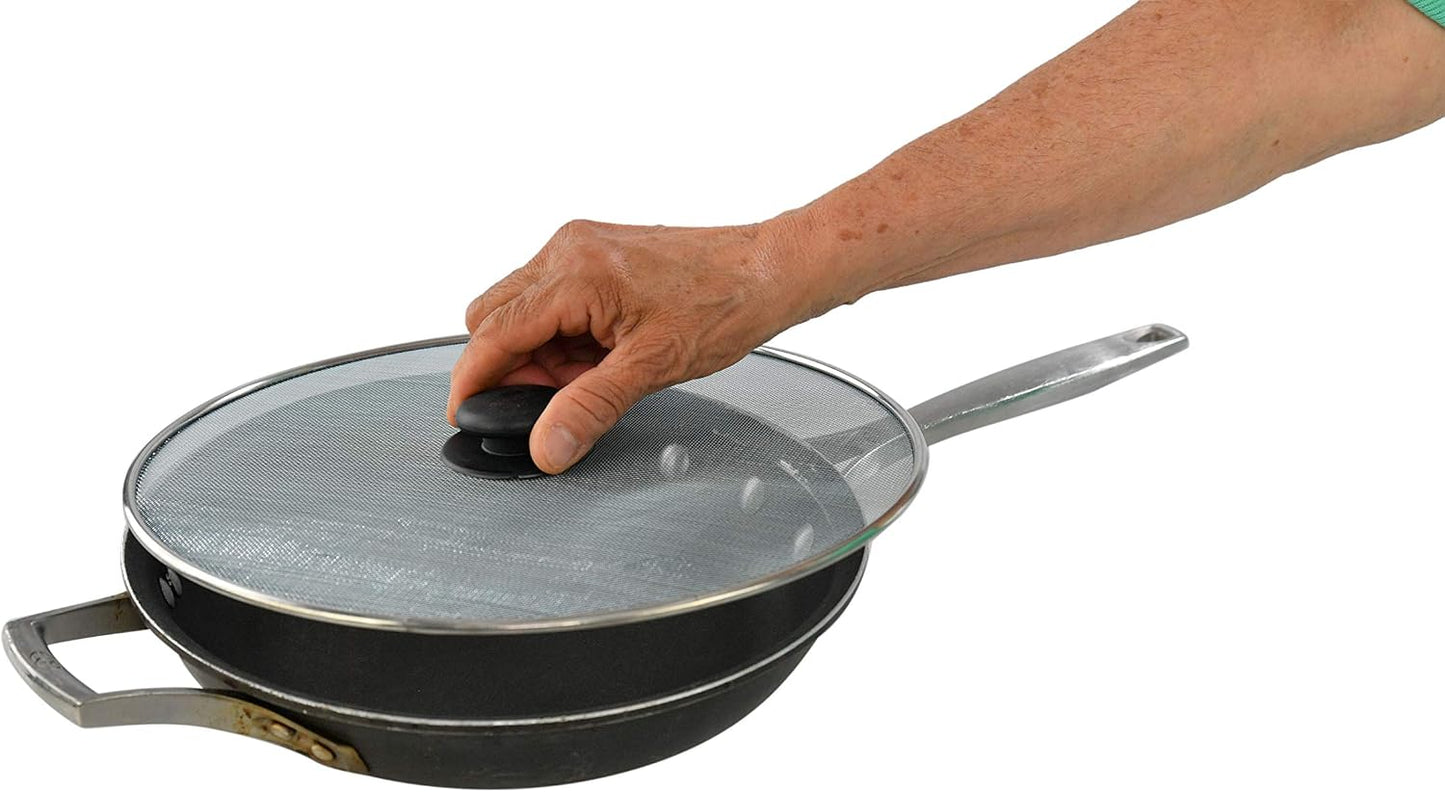 HOME-X Splatter Screen for Frying Pans, Anti-Splatter Lid with Stainless-Steel Mesh, Fry Pan Splash Guard, Set of 2, 11 ¼” Dia. and 9 ¾” Dia.