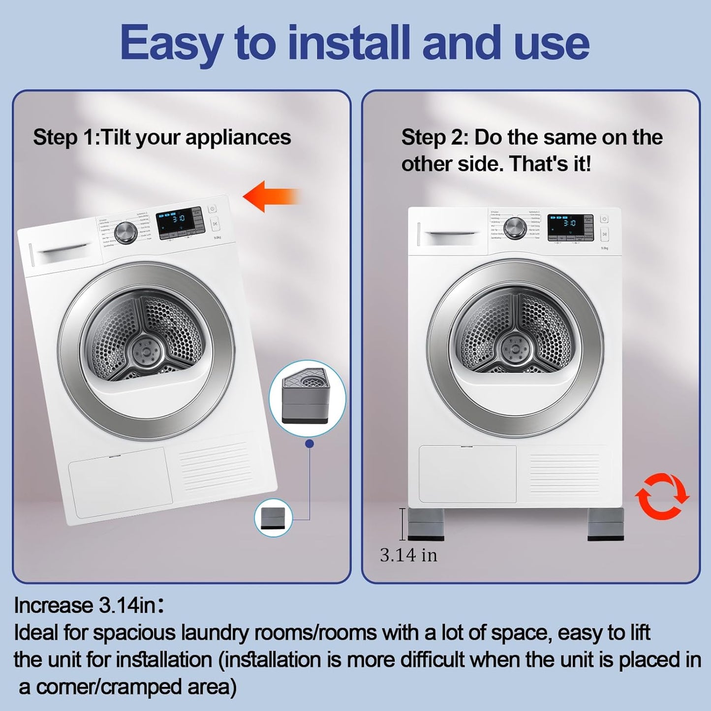 4Pcs Anti Vibration Pads for Washing Machine, Reduce Washer Dryer Moving | Washer and Dryer Pedestals,Prevents Noise Vibration Transfer, Antivibration Stabilizer Support Feet (Increase1.8in)
