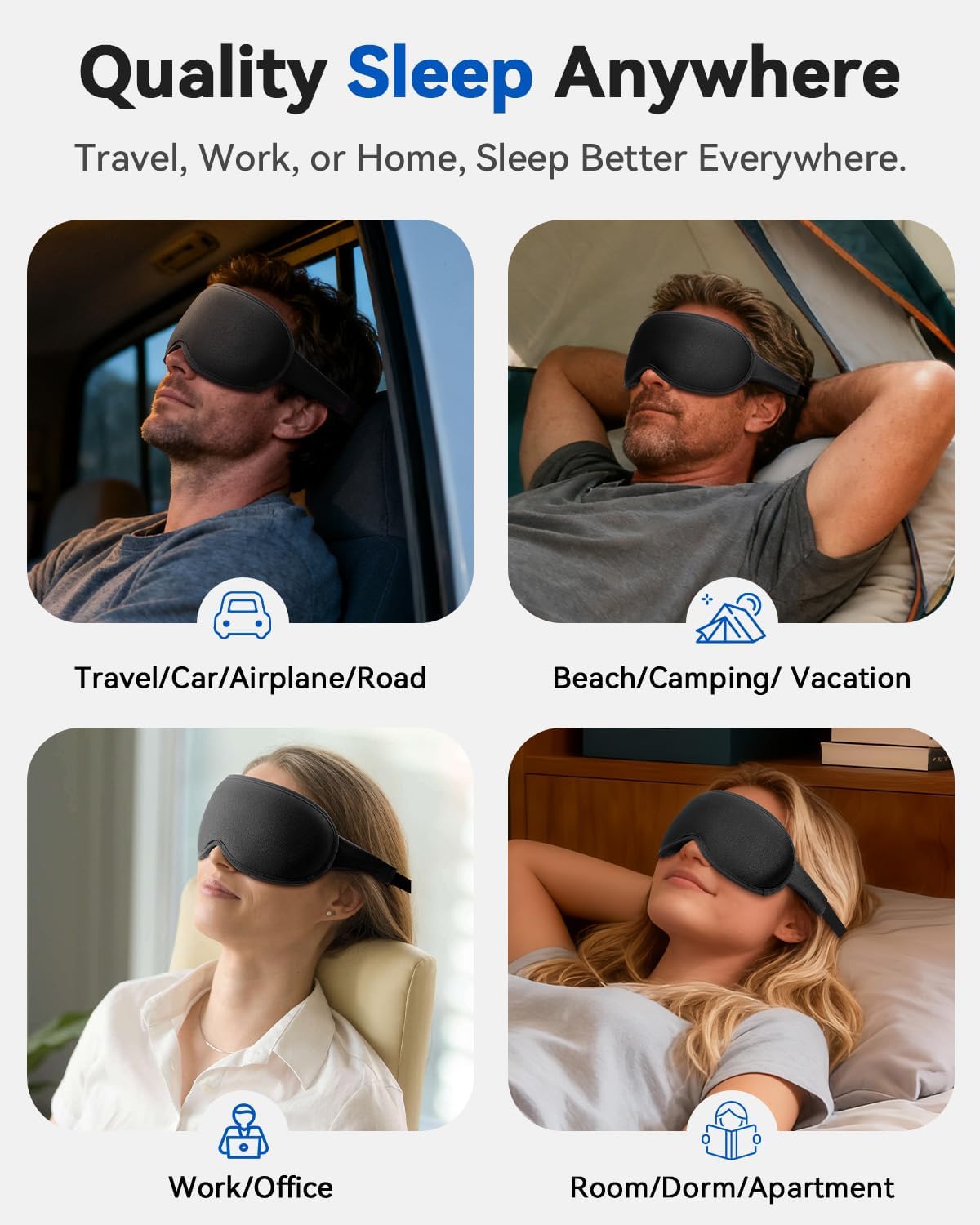 FACEMOON 3D Blackout Weighted Eye Mask for Sleep, Airplane Travel Essential | Long flights, road trips, gentle weighted comfort, deep cups, lash-friendly, adjustable strap, daytime naps for men & women