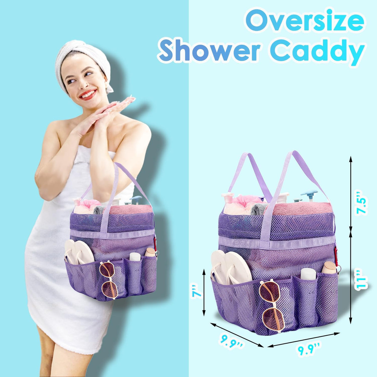 Fammart Mesh Shower Caddy Portable with Drawstring, Dorm Room Essentials for College Girls Guys, 8-Pocket Extra Large Shower Bag Basket Tote for Camping Beach Gym Travel Toiletry Bathroom