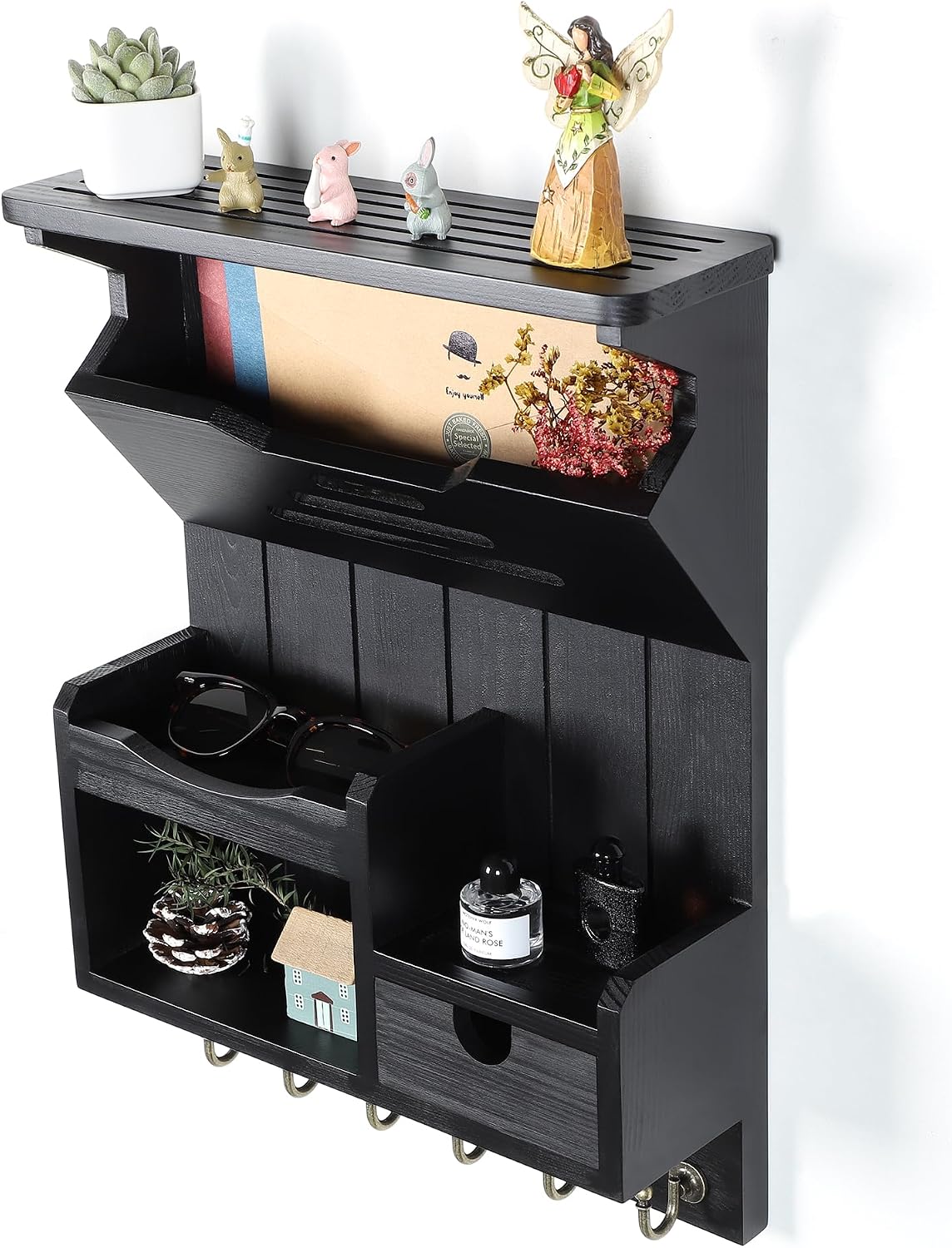 DOPACE Handcrafted Pine Wood Mail Organizer & Key Holder, Black | Hand-polished natural pine wood with storage drawer & 6 hooks, Fine spray paint finish, Easy wall mount