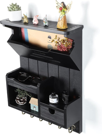 DOPACE Handcrafted Pine Wood Mail Organizer & Key Holder, Black | Hand-polished natural pine wood with storage drawer & 6 hooks, Fine spray paint finish, Easy wall mount
