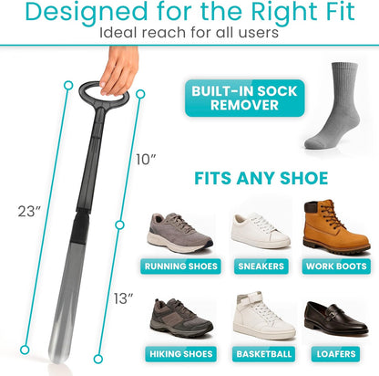 Vive Long Shoehorn for Seniors with Handle 23" | Sock Remover, Long Handled for Men & Women, Boot Shoe Helper and Sock Aid, Extra Reach, Patent-Pending Foldable