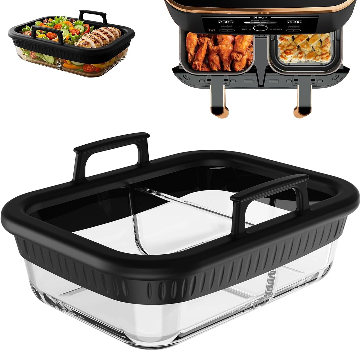 Air Fryer Accessories for Ninja Foodi DZ401, DZ550, SL401, SL451 10Qt | Glass Liners with Silicone Handles for 4-6 Qt Air Fryer, Heat-resistant, Dishwasher-safe, BPA-free