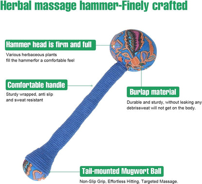2PCS Herbal Wormwood Lymphatic Drainage Anti Slip Manual Massage Hammer Longer Handle Back Massager for Shoulder, Neck & Muscle Pain Relief (Rose Red/Dark Blue)