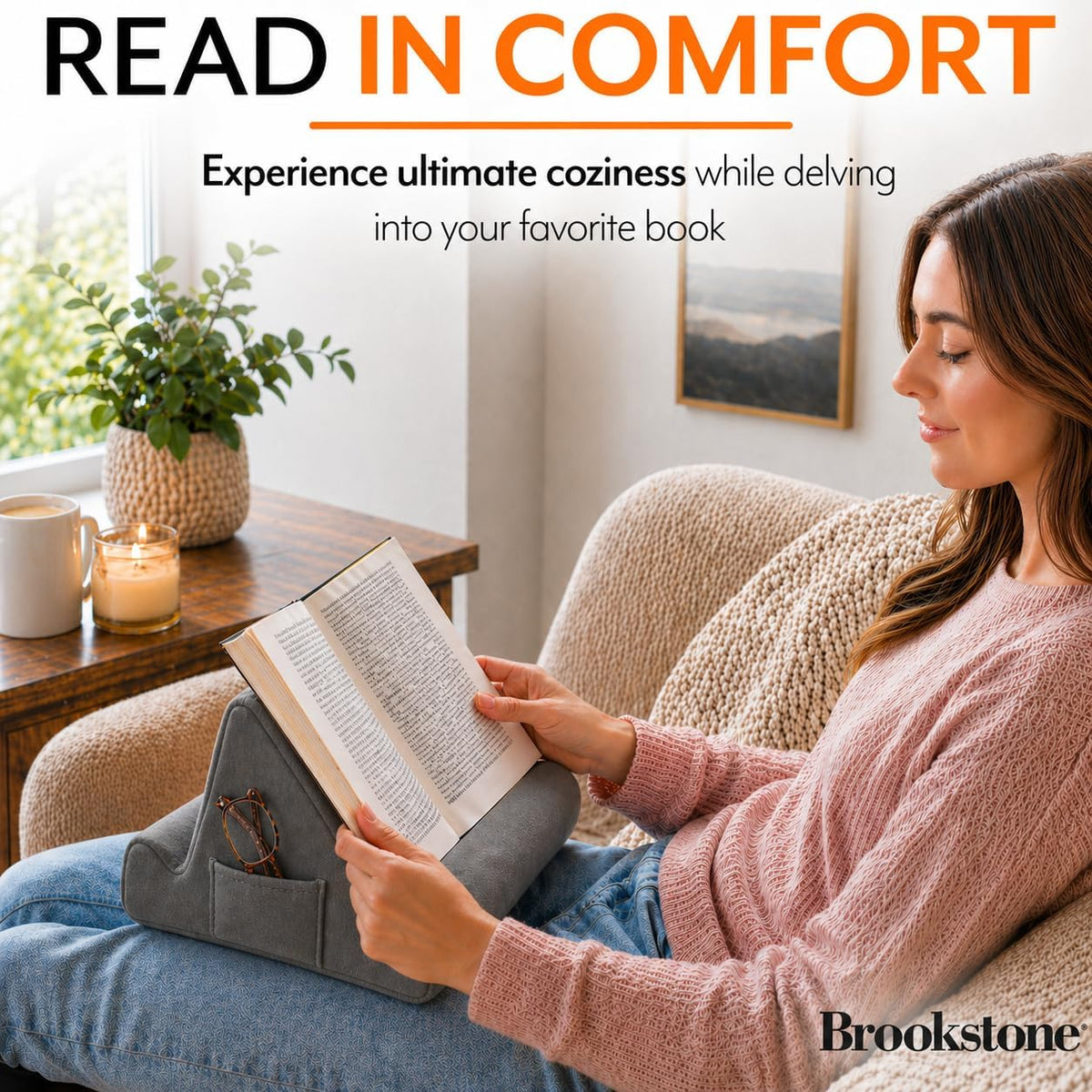Brookstone Tablet Lap Cushion - Tablet/Phone/Ebook Holder for Bed, Flights, and Travel, Memory Foam Lap Desk for Reading and Hands Free Viewing, Compatible iPad and Kindle Accessories, Grey