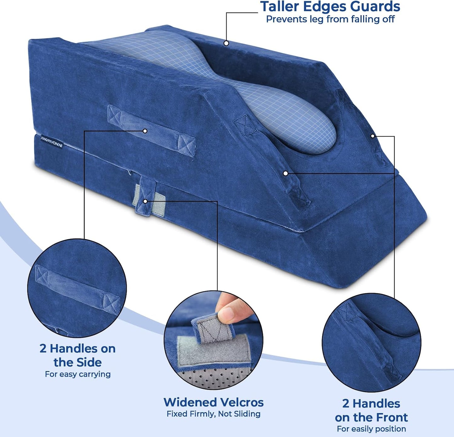 KingPavonini 4-Height Adjustable Leg Elevation Pillows for After Surgery | Soft Yet Supportive Memory Foam, Fits Various Heights, Relieve Pain & Swelling, 4 Handles & Insert Pad, Washable Velvet Cover