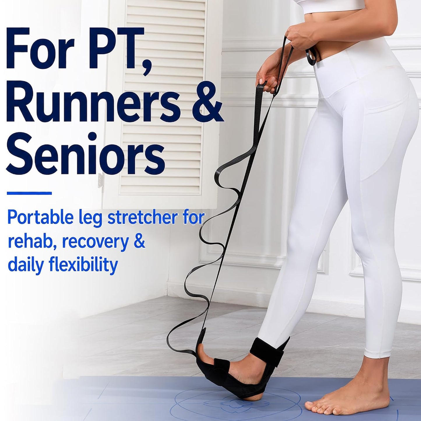 Foot and Calf Stretcher Strap for Plantar Fasciitis, Achilles and Hamstring | Secure padded foot sleeve with multi-loop strap stretches arches, toes, ankles and calves for PT, yoga, runners and heel pain