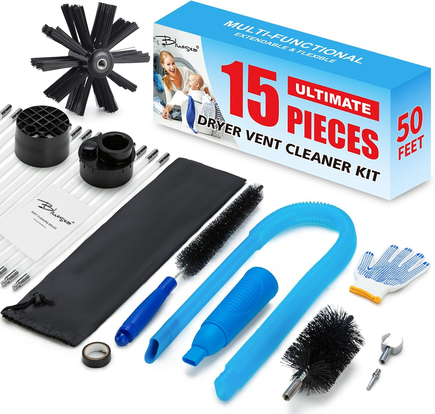 Bluesea 7 Pieces 20 Feet Dryer Vent Cleaner Kit, Reinforced Nylon Dryer Vent Cleaning Kit, Durable Dryer Vent Brush Vacuum Attachment with Flexible Lint Trap Brush, Vacuum & Dryer Adapters