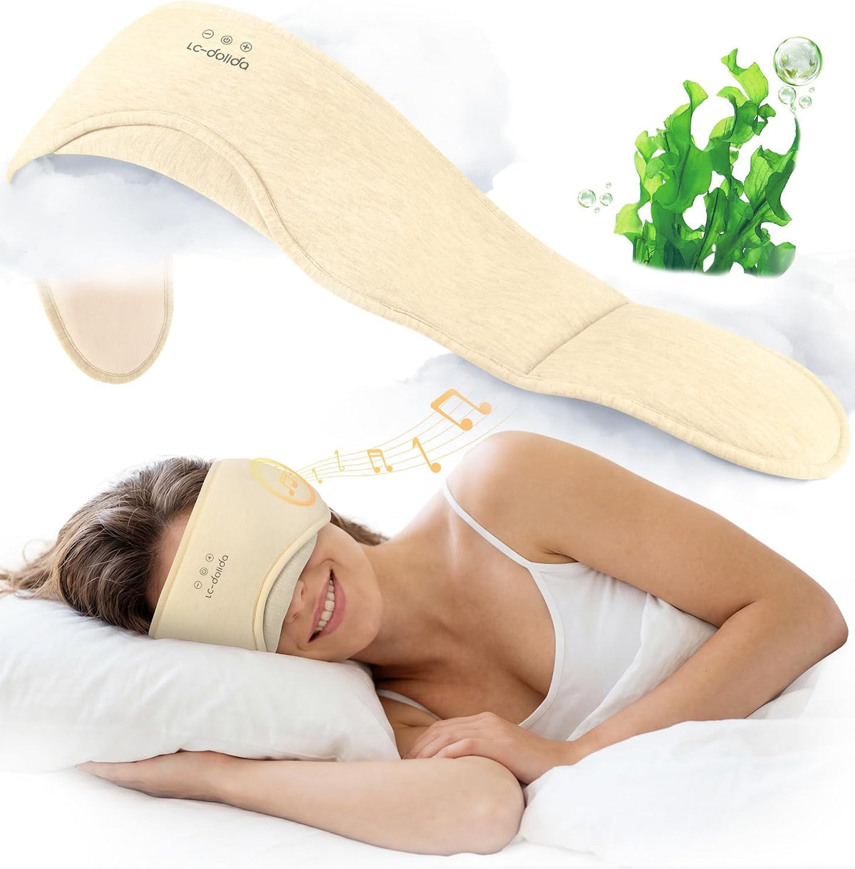 LC-dolida Sleep Masks with Bluetooth Headphones, Soft Seaweed Fiber Cotton Bluetooth Sleep Mask, Total Blackout Fully Wrapped Sleep Mask for Side Sleepers, Travel Meditation Gift, Green