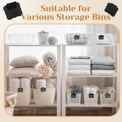 50 Pcs Black Basket Labels Clip on for Storage Bins, Removable PVC Bin Clip Labels with 4 Chalk Markers for Basket Pantry Cubes Organization Container