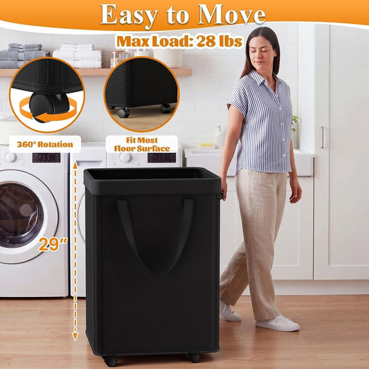 Optish Laundry Basket with Wheels, 90L Rolling Laundry Hamper with Wheels, Large Clothes Hamper on Wheel with Removable Mesh Bag for Bedroom, Dorm Room Essentials, Black