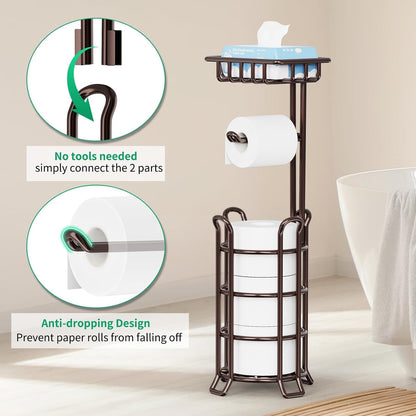 TomCare Toilet Paper Holder Free Standing with Shelf, Stable 4 Raised Feet | Stores 4 Mega Rolls, Tool-Free Assembly, Powder-Coated Metal Frame, Bathroom Storage Organizer for Spare Rolls, Silver