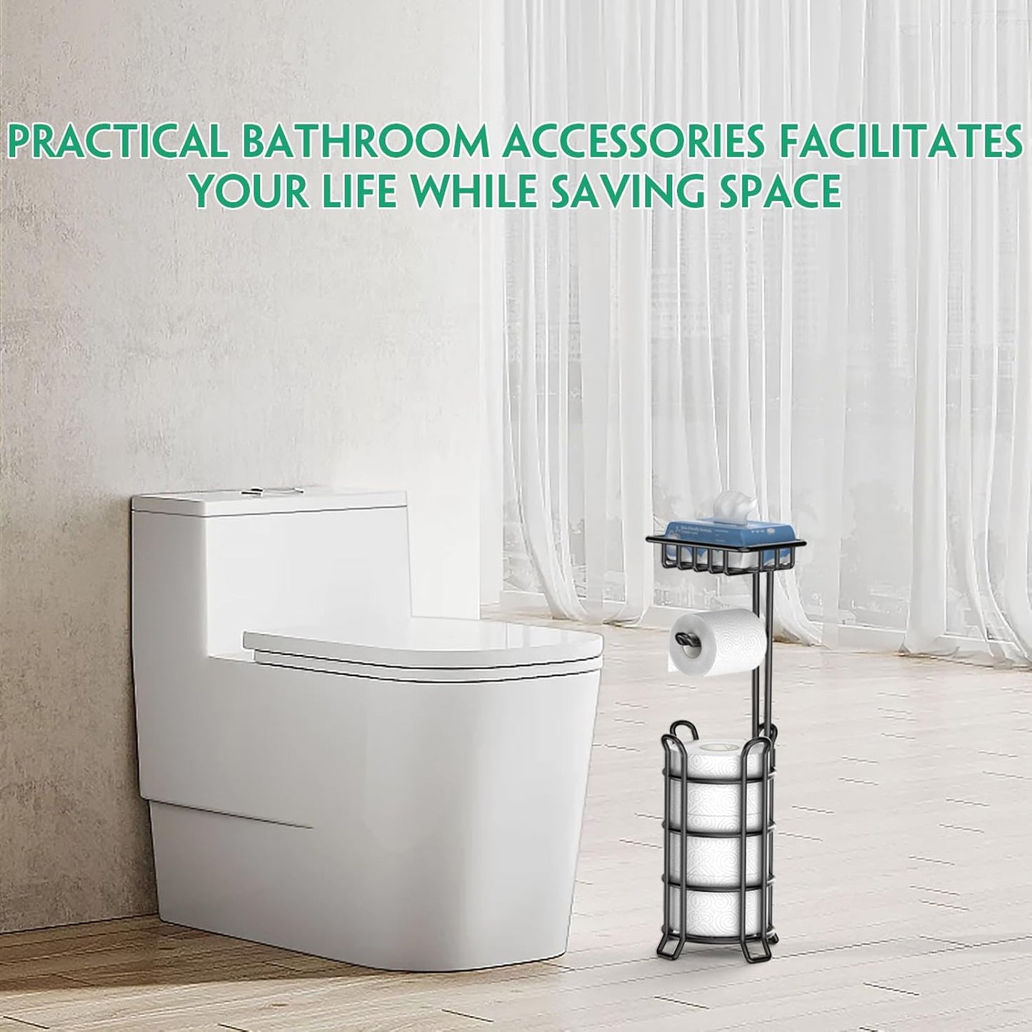 TomCare Toilet Paper Holder Free Standing with Shelf, Stable 4 Raised Feet | Stores 4 Mega Rolls, Tool-Free Assembly, Powder-Coated Metal Frame, Bathroom Storage Organizer for Spare Rolls, Silver