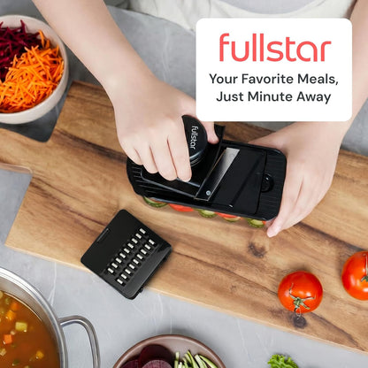 Fullstar Essential Mandoline Vegetable Slicer & Julienne Cutter | 4 in 1 Compact Fruit Cutter, Cucumber Slicer & Cheese Grater, with Stainless Steel Blades, Guard & 3-Cup Container (Black)
