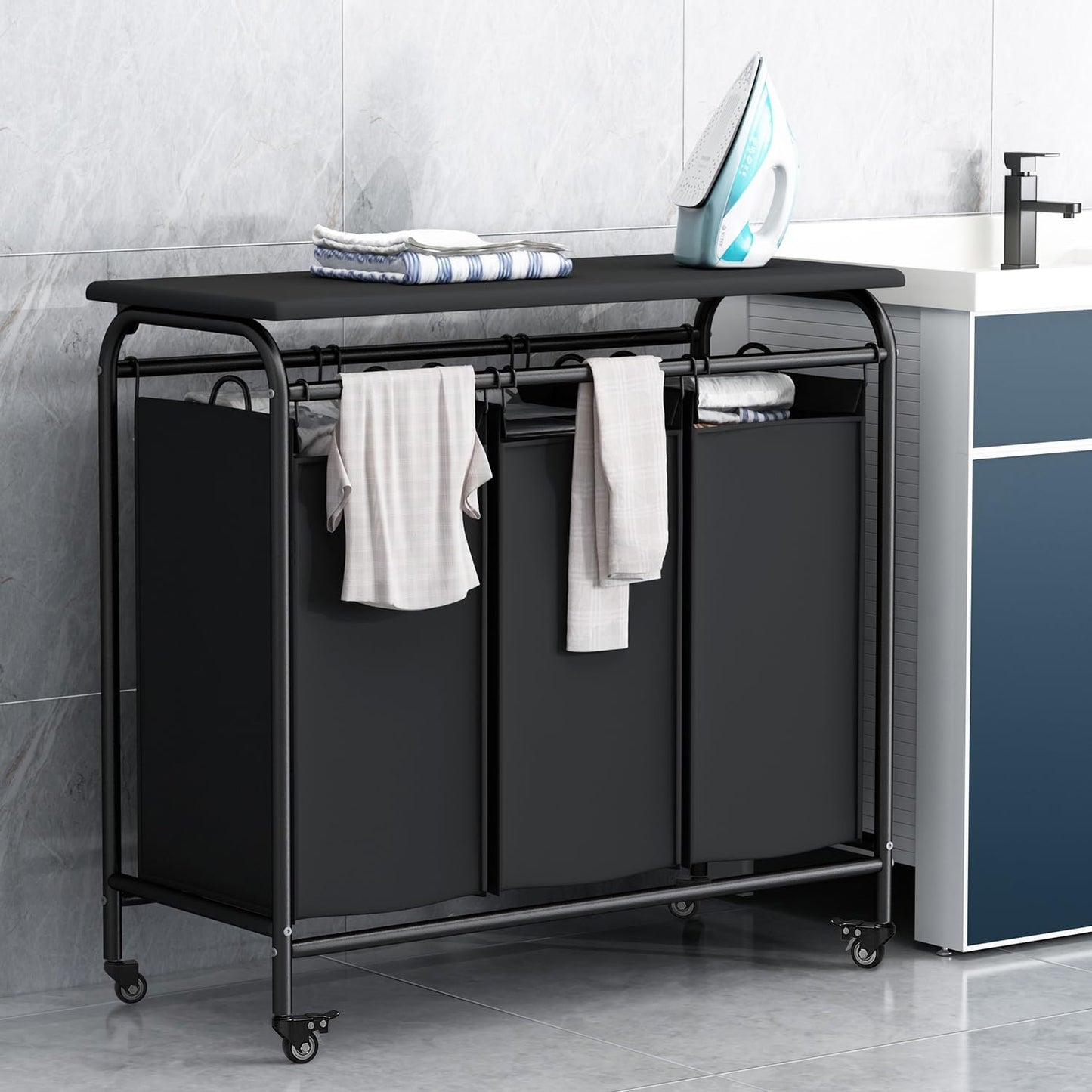 LINZINAR 3 Section Laundry Hamper, Black Laundry Basket 135L Laundry Sorter | Laundry Room Organization with Heavy Duty Rolling Lockable Wheels and Removable Bag, Bedroom Laundry Cart for Clothes Storage