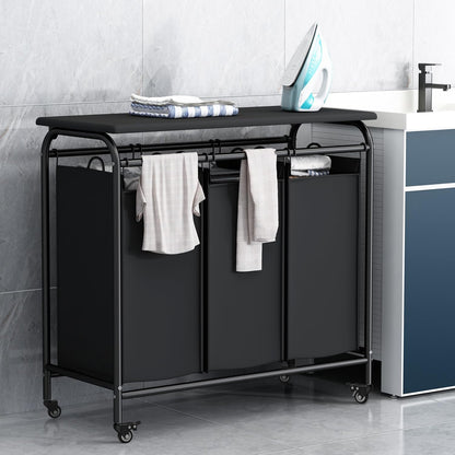LINZINAR 3 Section Laundry Hamper, Black Laundry Basket 135L Laundry Sorter | Laundry Room Organization with Heavy Duty Rolling Lockable Wheels and Removable Bag, Bedroom Laundry Cart for Clothes Storage