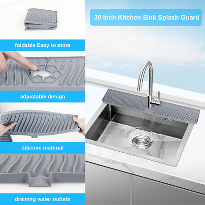 Derlights 33 inch Sink Splash Guard Mat, Silicone Faucet Handle Drip Catcher Tray, Longer Silicone Sink Mat for KitchenBathroom, Drip Protector Splash Countertop (Gray)
