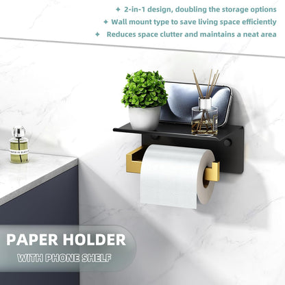 APLusee Matte Black Toilet Paper Holder with Storage Shelf, Wall Mounted | Rustproof 304 Stainless Steel, 2-in-1 Functional Toilet Paper and Phone Storage, Fits Bathroom, Restroom, Vanity, Kitchen