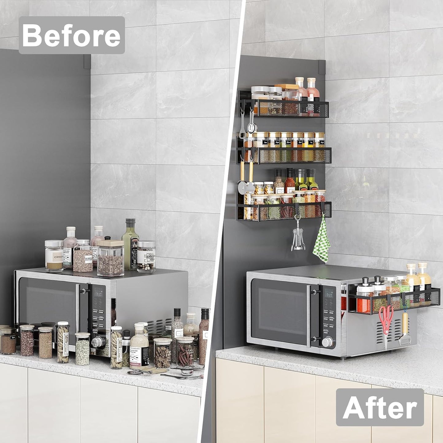 Aufworld Magnetic Spice Rack for Refrigerator, 3 Pack Magnetic Shelf, Moveable Fridge Organizer with 8-Hook Rack, Seasoning Organizer for Kitchen