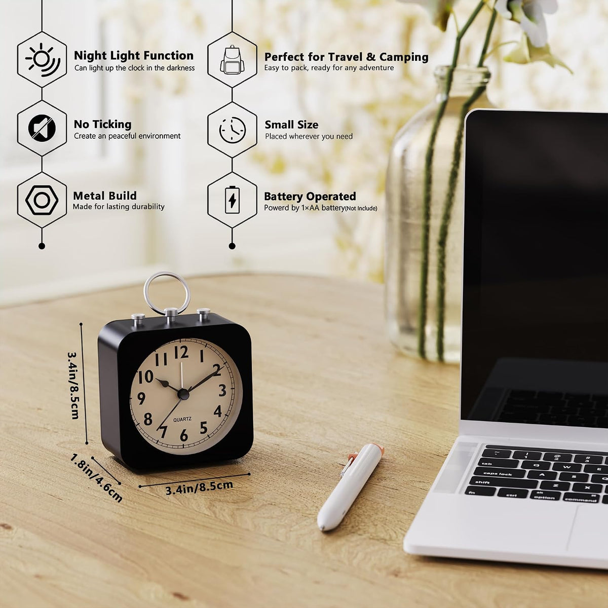 AYRELY® Small Metal Alarm Clock, Desk and Table Clock for Travel