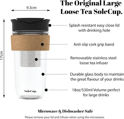 Large Travel Mug Loose Tea Infuser - Detachable Tea Strainer with Spill Proof Lid - 18oz/530ml BPA-Free Reusable Glass Travel Coffee Cup with Cork Band (Pink, 18oz)