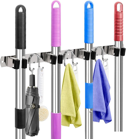 Mop Broom Holder Wall Mount, Gold Stainless Steel Tool Storage Organizer for Kitchen Garden Garage Laundry Room Bathroom and RV with 4 Slots 6 Hooks