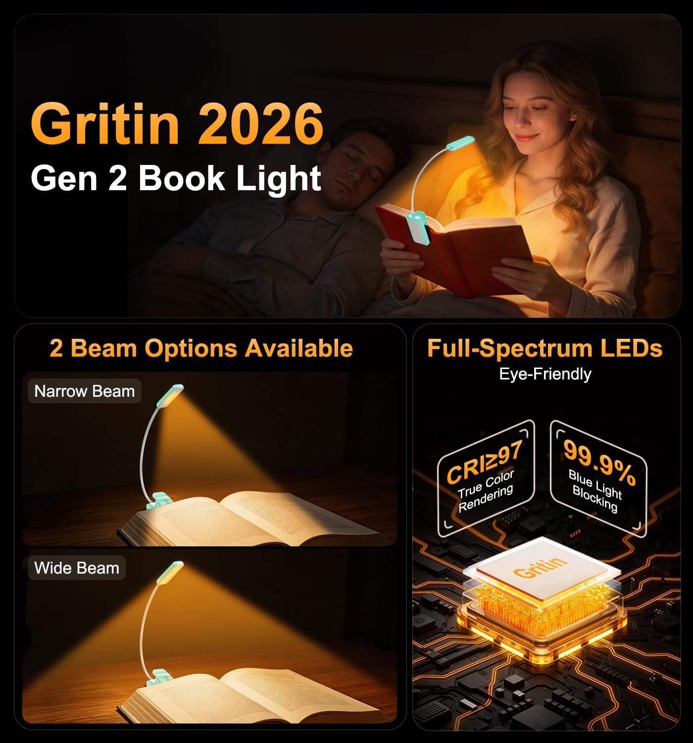 Gritin 2026 Gen 2 Book Light for Reading- 30 Eye Caring Full Spectrum LED | 5 Colors & 5 Brightness, Adjustable Wide/Narrow Beam, Upgrade 1500mAh Long-Lasting Rechargeable Clip on Light for Book Lovers