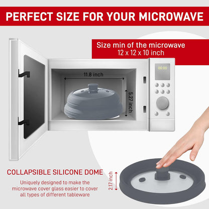 Microwave Splatter Cover Glass 11.8 Inch - Collapsible Microwave Splatter Cover for Plate & Bowl - Tempered Glass Top, Food-Grade Silicone Dome with Heating Vents & Heat-Safe Handle (BLACK)