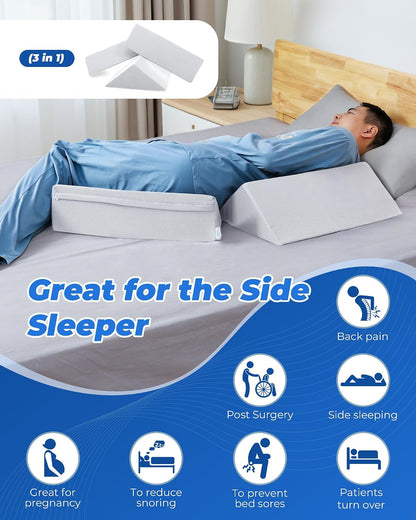 Fanwer Positioning Wedge Pillow for Side Sleeping (3 in 1), 40 Degree Triangle Bed Wedges & Body Positioners for Back Pain, Preventing Bedsores, After Surgery, Knees Elevated, Pregnancy