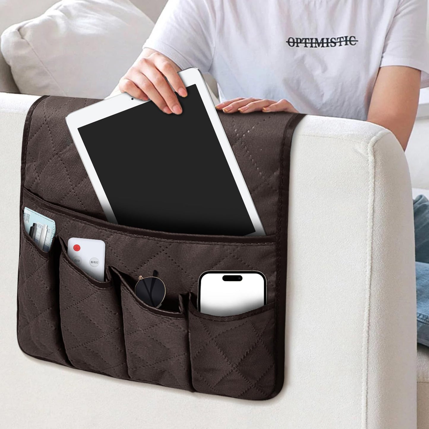 Grekos Sofa Armrest Organizer Remote Holder Bedside Caddy Organizer with 6 pockets, Chair Arm Holder Non-Slip Remote Control Holders Caddy for Magazine Tablet Phone Book