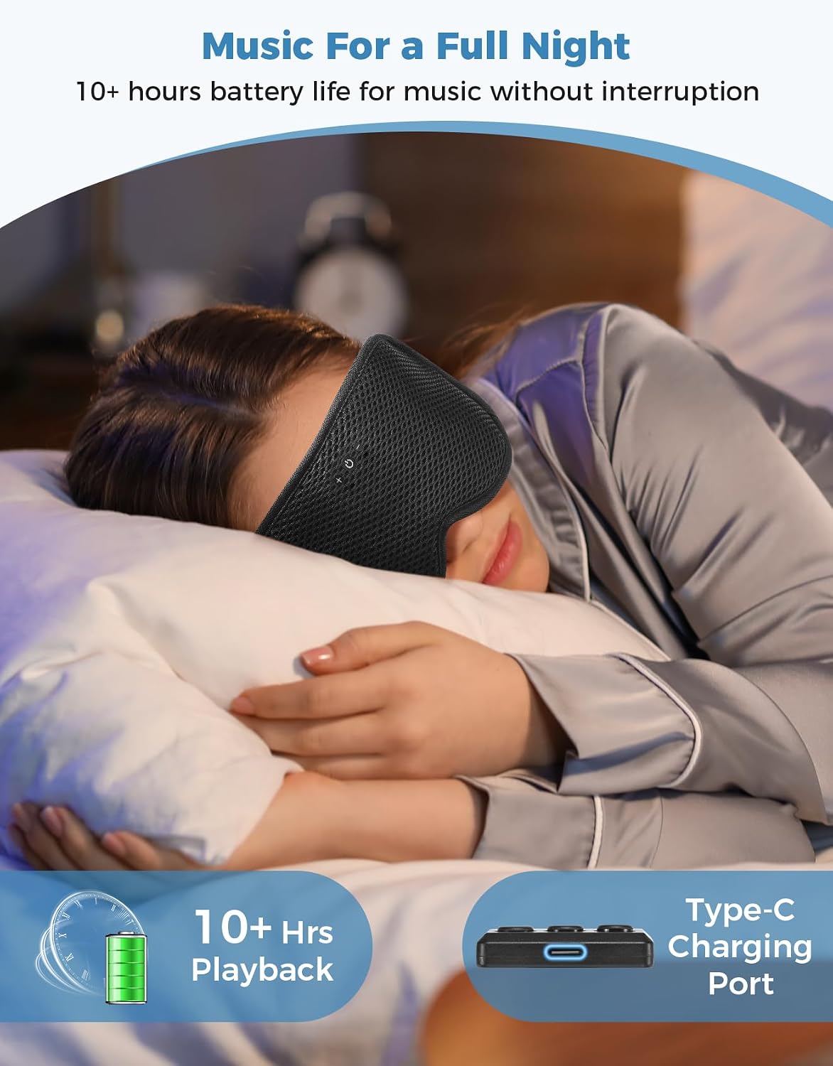 Bluetooth Sleep Mask with Headphones Removable 3D Contoured Cup