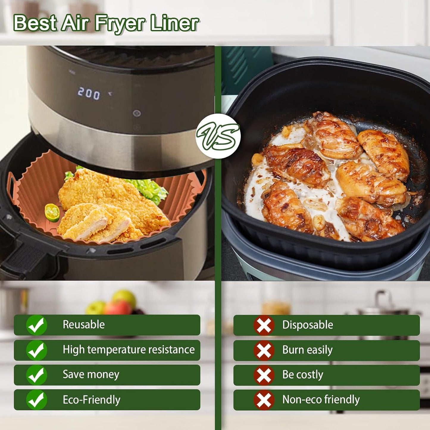 3 Pack Air Fryer Silicone Liners, 8Inch Airfryer Liners, AirFryer Basket Liner, Reusable Food Grade Air Fryers Basket Pots Oven Liner Baking Tray, Air Fryer Silicone Mat Accessories Kitchen