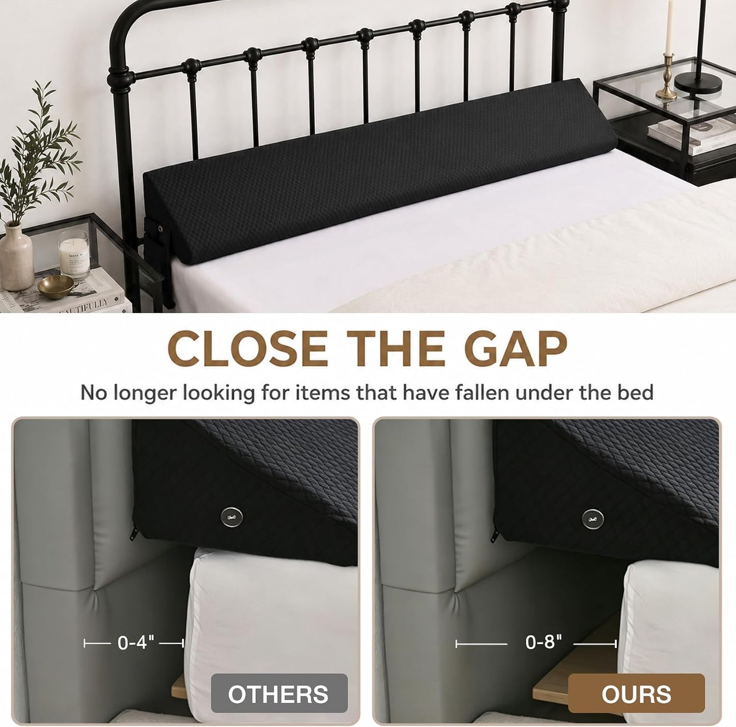 Twin Bed Wedge Pillow for Headboard Gap/Bed Gap Filler Black | Long Triangle Corner Pillows with Pockets,Dense Foam,Pillow Prevents Stuff Drops, Between Twin Mattress and Frames Home Decor