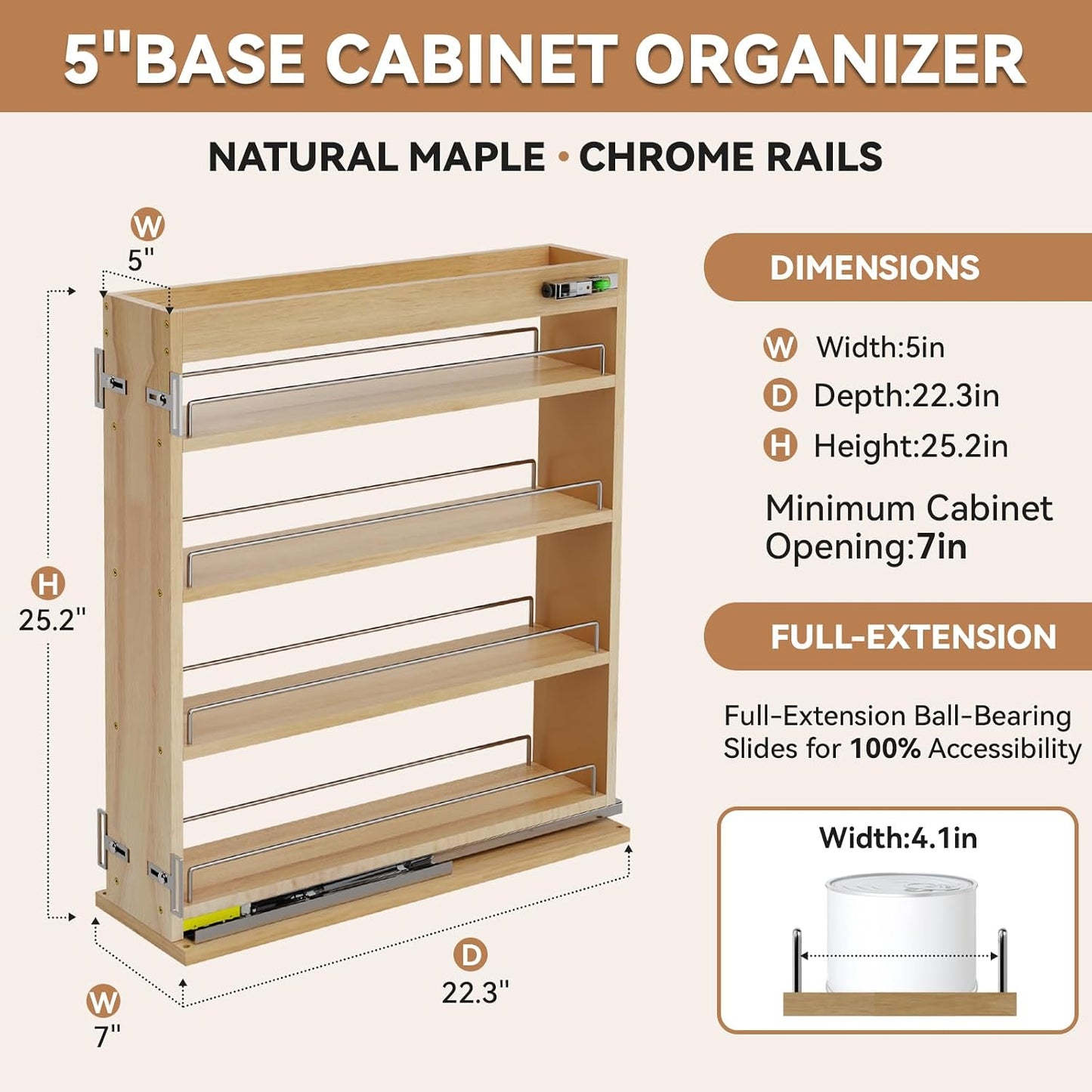 Pull Out Spice Rack Organizer for Cabinet (5" W x 22.3" D x 25.2" H), Sliding Spice Rack for Kitchen Cabinet, Wood Pull Out Cabinet Organizer for Multi-Use